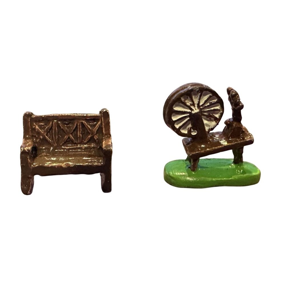 Vintage 98IRS China Lead Figure Park Bench & Spinning Wheel .75" Hand Painted